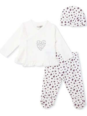 Hellobaby Kız Bebek Zıbın-Şapka-Alt Kalp Baskılı Çıtçıtlı V Yaka Uzun Kol Patikli