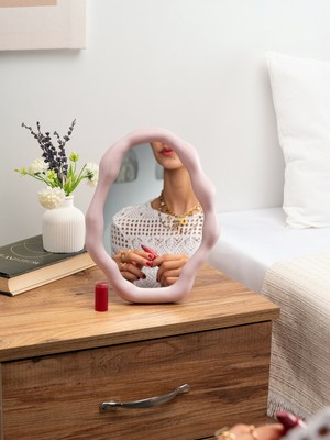 Özgürce Modern Bulut Formlu Makyaj Aynası ve Takı Tabağı, Duvar Aynası, Mat Pembe