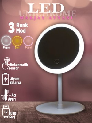 Özgürce Beyaz Dokunmatik LED Işıklı USB Yuvarlak Masa Üstü Makyaj Aynası