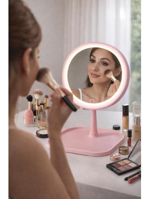 Özgürce Şarjlı LED Işıklı Yuvarlak Masa Üstü Makyaj Aynası, Gün Işığı, Beyaz ve Sarı Işık