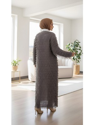 Modamorfo Saçaklı Uzun Triko Hırka -Toprak