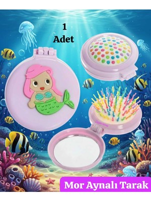 Özgürce Mor Deniz Kızlı Cep Boy Aynalı Tarak ve Makyaj Aynası