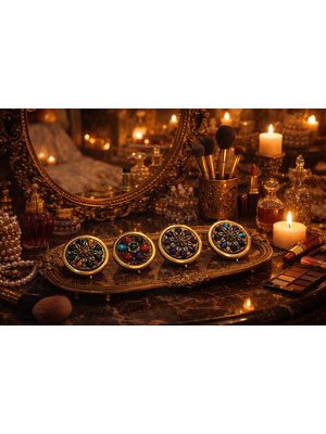 Özgürce El Işlemeli Pirinç Kaplama 4’lü Çift Taraflı Cep Aynası, Vintage Tasarım