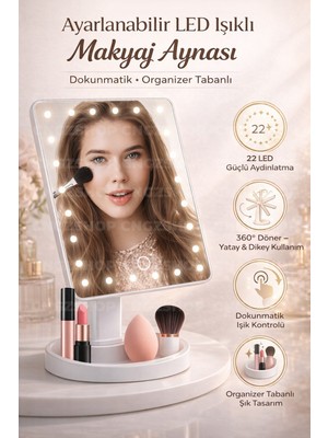 Özgürce Ayarlanabilir LED Işıklı Makyaj Aynası, Dokunmatik ve Organizer Tabanlı