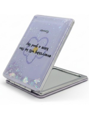 Özgürce Çiçek Desenli Yazılı Taşınabilir Sulu Simli Kapaklı Makyaj Aynası