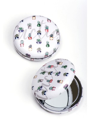 Özgürce Kaktüs Desenli Lüks Deri Kaplama Çift Taraflı Cep Aynası 7x7 cm