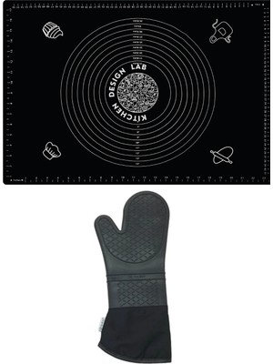 Feyza Design 2'li Siyah ve Gri Silikon Mutfak Seti, Hamur Açma ve Fırın Eldiveni