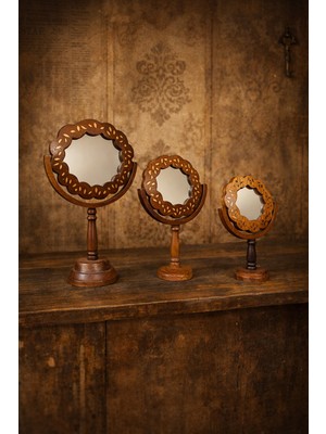 Özgürce El Boyama Çiçek Desenli Vintage Ahşap 3’lü Makyaj Aynası Seti