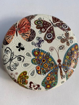 Özgürce Kelebek Desenli Taşlı Çift Taraflı Yuvarlak Cep Makyaj Aynası