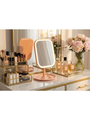 Özgürce Pembe Dokunmatik LED Işıklı USB Şarjlı Makyaj Aynası, Gün ve Beyaz Işık