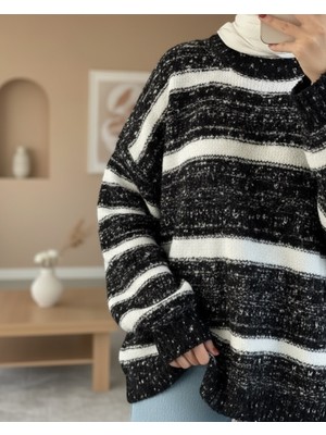 Modamorfo Kalın Çizgi Desenli Örme Triko Kazak -Siyah