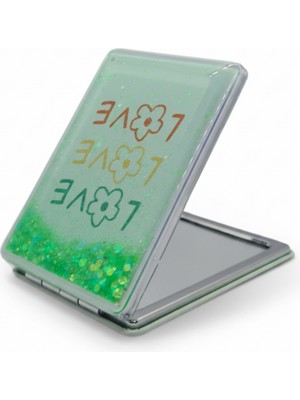 Özgürce Çiçek Desenli Yazılı 5x7 cm Kapaklı Sulu Simli Taşınabilir Makyaj Aynası