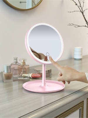 Özgürce Pembe Yuvarlak LED Masa Aynası, Dokunmatik, Çıkarılabilir Taban, Şarjlı
