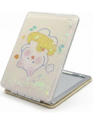 Özgürce Sevimli Ayıcık Desenli 5x7 cm Kapaklı Sulu Simli Taşınabilir Makyaj Aynası