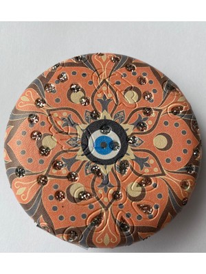 Özgürce Çift Taraflı Yuvarlak Nazar Boncuklu Makyaj Aynası, Taşlı ve Desenli