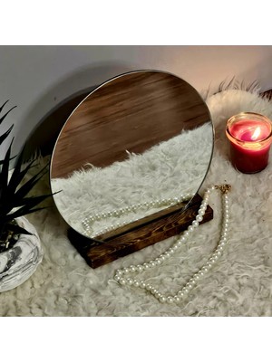 Özgürce Ahşap Ceviz Renkli Yuvarlak Dekoratif Makyaj Aynası, Çift Açılı Masa Aynası