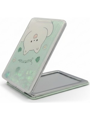 Özgürce Sevimli Figürlü ve Yaprak Desenli 5x7 cm Kapaklı Sulu Taşınabilir Makyaj Aynası