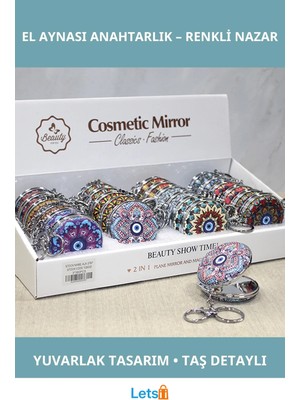 Özgürce Renkli Nazar Boncuğu Desenli El Aynası ve Anahtarlık Seti