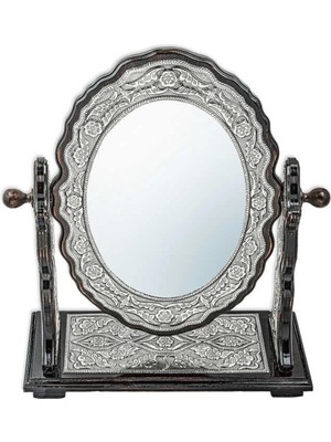 Özgürce Gümüş Çiçek Desenli Oval Çift Taraflı Aynalı Dekorasyon Parçası