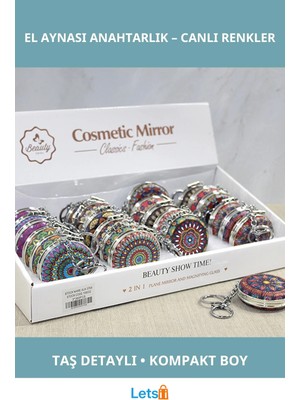 Özgürce Renkli Baskılı Taşlı Şık El Aynası ve Anahtarlık Seti