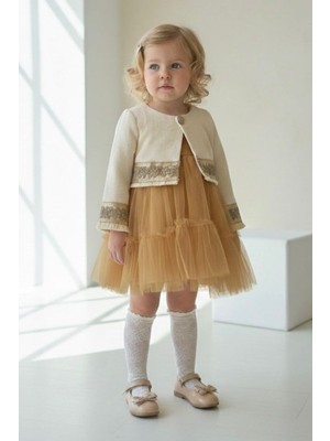 Miniğimin Cicileri Gold Şerit Detaylı Tül Etekli Kız Bebek Elbise - Kahverengi