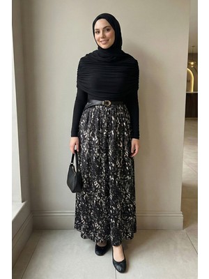 inStyle Şifon Sandy Kemerli Drapeli Siyah Fırça Desen Elbise