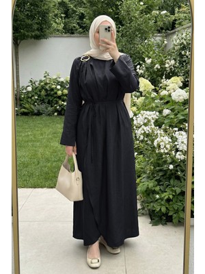inStyle Omuzdan Broşlu Belden Kuşaklı Modal Siyah Elbise