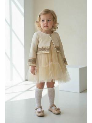 Miniğimin Cicileri Gold Şerit Detaylı Tül Etekli Kız Bebek Elbise - Krem