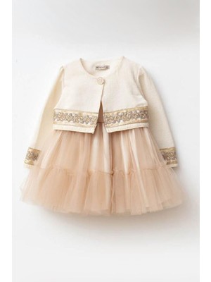Miniğimin Cicileri Gold Şerit Detaylı Tül Etekli Kız Bebek Elbise - Bej