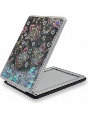 Özgürce Çini Desenli 5x7 cm Kapaklı Sulu Simli Taşınabilir Makyaj Aynası