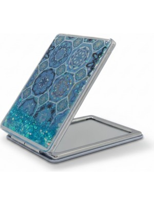 Özgürce Çini Desenli 5x7 cm Kapaklı Sulu Simli Taşınabilir Makyaj Aynası