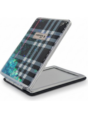 Özgürce Ekose Desenli 5x7 cm Kapaklı Sulu Simli Taşınabilir Cep Makyaj Aynası