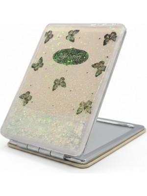 Özgürce Kelebek Desenli 5x7 cm Kapaklı Sulu Simli Taşınabilir Cep Makyaj Aynası