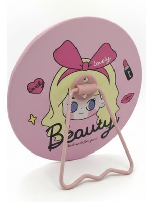 Özgürce Sevimli Kız Figürlü 15X15 cm Yuvarlak Taşınabilir Makyaj Aynası