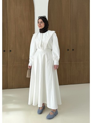 Moda Aksa Dantel Desen Gömlek Beyaz