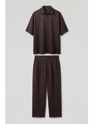 Abluka Online Erkek Oversize Pamuklu Gömlek Pantolon Ikili Takım Kahverengi