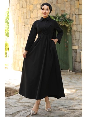 inStyle Kuşak Detaylı Gömlek Yaka Siyah Elbise