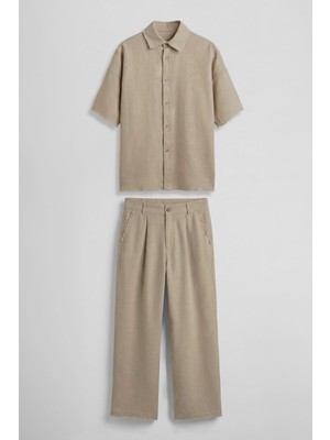 Abluka Online Erkek Oversize Pamuklu Gömlek Pantolon Ikili Takım Bej