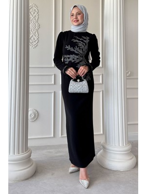 inStyle Tüy Detaylı Taşlı Siyah Abiye