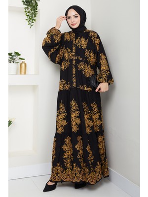 inStyle Hakim Yaka Desenli Siyah Viskon Elbise