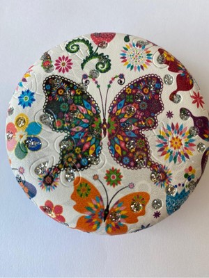 Özgürce Kelebek Desenli, Taşlı, Çift Taraflı, Yuvarlak Cep Çanta Makyaj Aynası