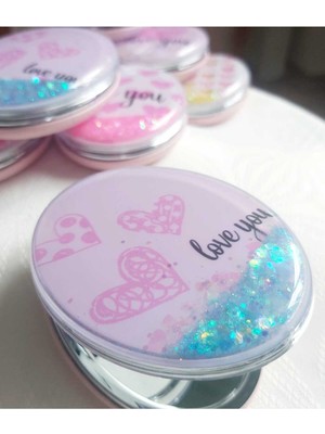 Özgürce Pembe Kalpli Sulu Simli Cep Aynası, Kapaklı ve Büyüteçli, Şık ve Hafif