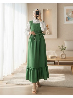 Moda Morfo Top Düğmeli Altı Fırfırlı Beli Kemerli  Jile Elbise  -Yeşil