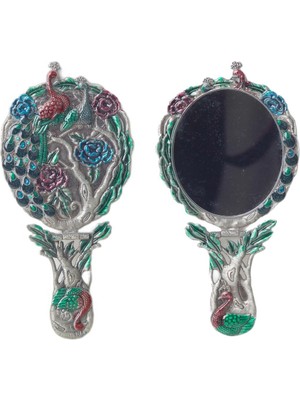 Özgürce Şık Otantik Kuğu ve Gül Işlemeli Taşlı Zamak Döküm Katlanır El Aynası