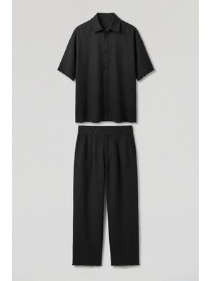 Abluka Online Erkek Oversize Pamuklu Gömlek Pantolon Ikili Takım Siyah