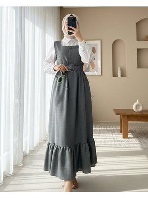 Modamorfo Top Düğmeli Altı Fırfırlı Beli Kemerli  Jile Elbise  -Füme