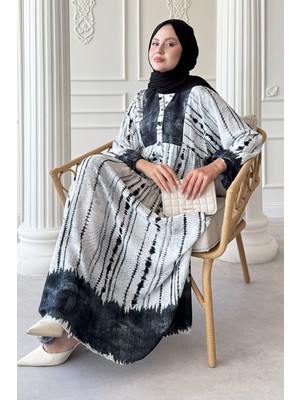 inStyle Batik Çizgi Desen Siyah Viskon Elbise