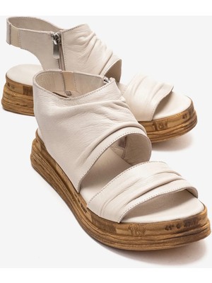 Lunas Krem Hakiki Deri Yandan Fermuarlı Kadın Sandalet