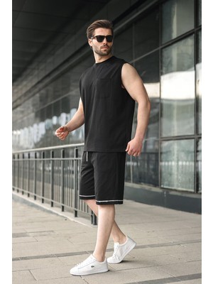 Madmext Siyah Bisiklet Yaka Kolsuz Erkek Şort T-Shirt Takım E7351