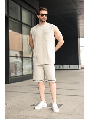 Madmext Boyalı Gri Bisiklet Yaka Kolsuz Erkek Şort T-Shirt Takım E7351